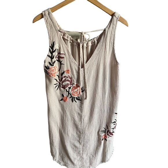 XCVI Embroidered Tank Top Womens XS Beige Floral Gauze Linen Blend High Low Hem - Picture 1 of 6